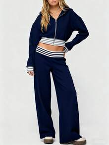 Women's Wide Leg Sweatpants Workout Lounge Pants Loose Fit Low Rise Yoga Pants - Navy Blue - View 4