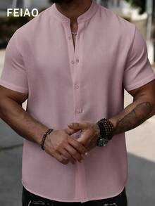 FEIAO 男士复古硬币纹纽扣前襟灰粉色华夫格针织短袖 Polo 衫 - 淺粉色 - 查看 4