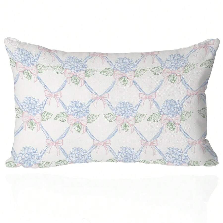 Vintage Cottagecore Pillow Covers 12x20 – Pastel Hydrangea Floral Throw Pillow Case With Bows – Preppy Coquette Decor For Bedroom, Couch Or Grandmillennial Style - 藍色繡球花和蝴蝶結 - 查看 1