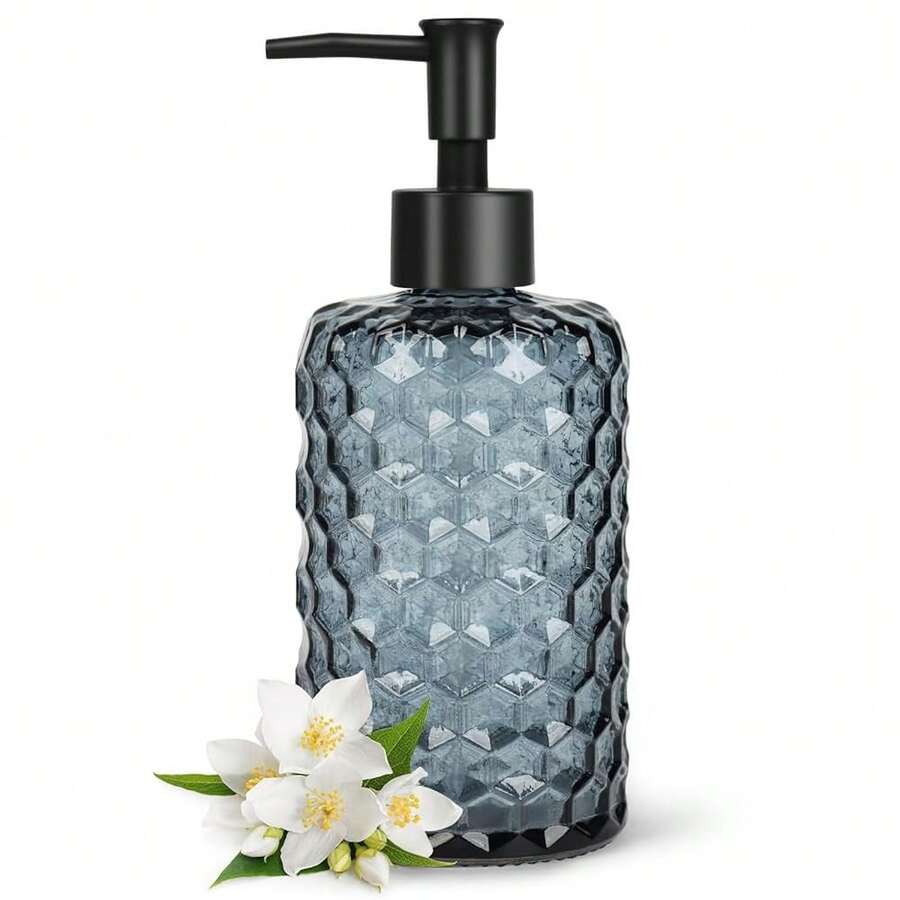 Topsky Glass Soap Dispenser With Plastic Pump, 475ml Liquid Hand Soap Dispenser, Rustproof Pump For Kitchen & Bathroom, Great For Lotions, Essential Oil, Liquid Soaps (Grayish Blue) - 蜂巢狀灰藍色 - 查看 1
