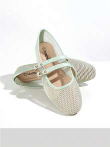 ADAMUMU New Women Ballet Mesh Shoes, Black And Apricot, Round Toe Flats, Solid Color Breathable Casual Flat Shoes, Fashionable And Comfortable - Màu xanh nhạt - Xem 2