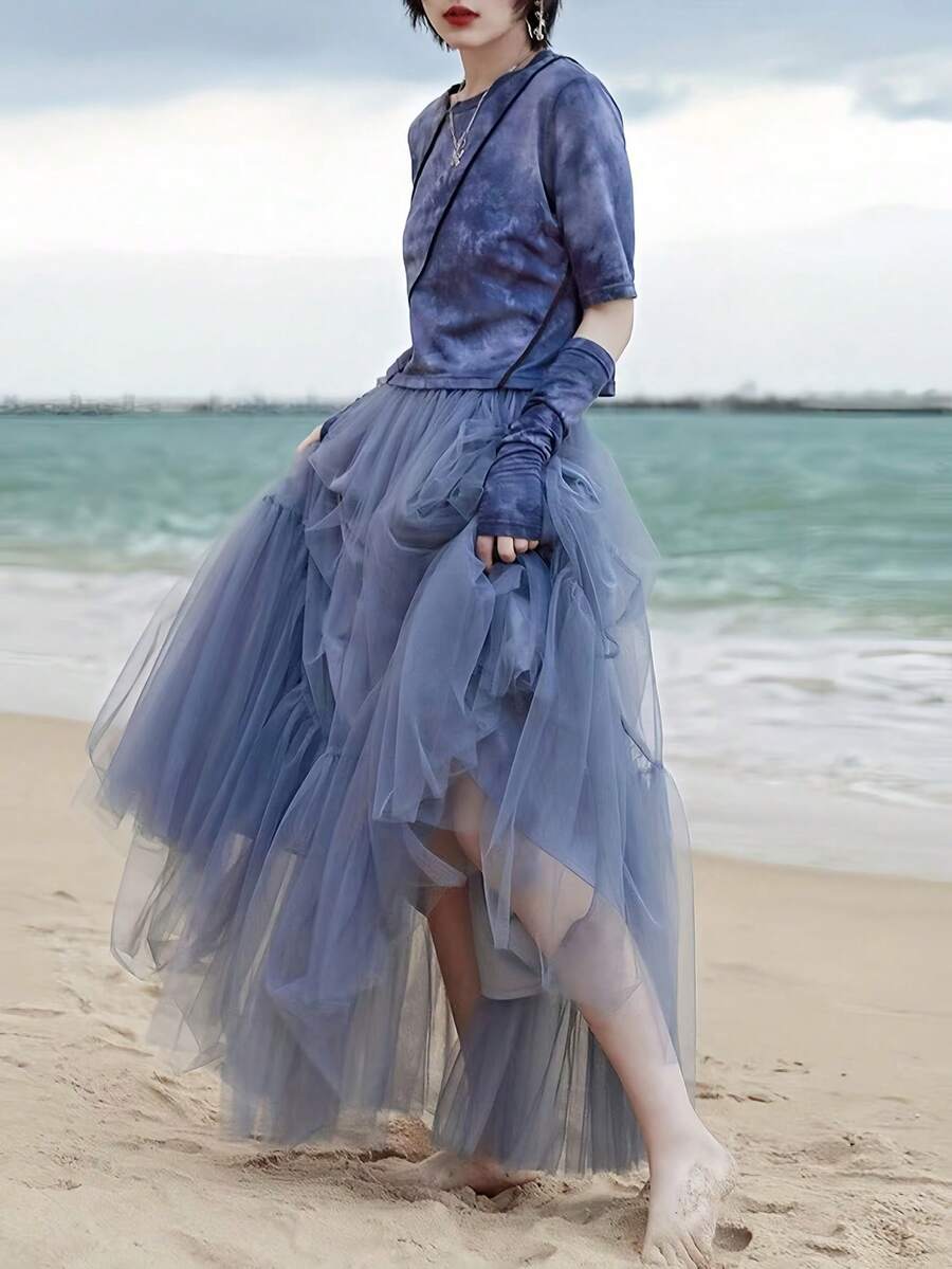 1pc Women's Long Tulle Puff Skirt, Elastic Waist, High-End Style Valentine's Day Accessories - A - View 1