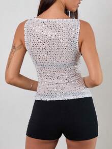 Women's Sequin Tank Tops Slim Fit Sheer Knitted See Through Tops Crew Neck Sparkly Camisole Vest Glitter Crop Tank Stylish Solid Color Casual Sleeveless Vest Y2K Teen Girl Going Out Mesh Party Shirt Streetwear Rave Outfits Suitable For Birthday/Dating/Daily Shopping/Concert/Brunch/Airport Outfit Valentine Clothes - 白色 - 查看 2