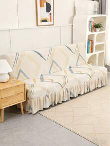几何线条印花沙发床罩，裙摆式设计，弹性全包覆式聚酯纤维沙发罩，针织牛奶丝面料，四季皆宜 - 杏色 - 查看 7