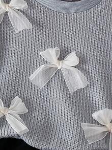 2pcs Baby Girls' Set, Light Gray Knit Top With Bow Accent Paired With Matching Mesh Skirt, Sweet, Cute, Retro Style, Autumn/Winter - Grey - View 5