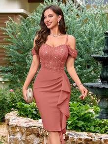 MIUSOL Vestido de cóctel ajustado con volantes asimétricos, encaje floral y lentejuelas - Rosa vieja - Ver 5