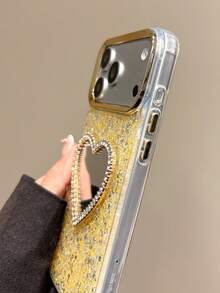 1pc Luxury Bling Glitter Golden Sequin Electroplated Camera Frame Diamond Mirrored Heart Phone Case Compatible With IPhone 17 Pro Max Air 17 Pro 16 15 14 13 12 Pro Max Plus Soft TPU Back Cover - Gold - View 3