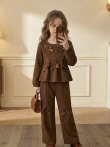 Conjunto de 2 piezas para niñas con top de manga larga estilo preppy casual con decoración de lazo y pantalones de pierna recta en color marrón vintage, para uso diario, vacaciones y regreso a la escuela en otoño/invierno - Marrón - Ver 11