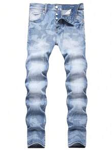 Pantalones Slim Fit de Denim Tie Dye Premium para Hombres, Estilo de Calle Alta con Elasticidad, Vaqueros Ajustados de Streetwear Versátiles para Uso Diario - Azul - Ver 2