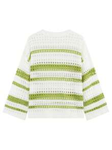 Women's Loose Sheer Striped Hollow Out Cover Up, Round Neck 3/4 Sleeve Pullover Top, Spring - Multicolor - View 5