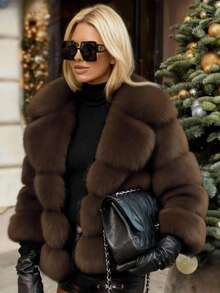 Áo khoác lông cáo giả nhẹ, thanh lịch, ôm dáng dành cho nữ, tay ngắn, kiểu dáng sang trọng, bán chạy theo xu hướng châu Âu và Mỹ, thích hợp cho mùa đông. - màu nâu - Xem 11