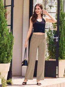 29" Women's Dressy Work Pants High Waist Pull On Wide Leg Slacks Trousers For Women Business Casual - 卡其色 - 查看 6