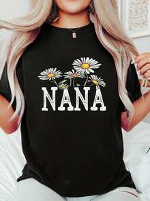 Women Vintage Daisy NANA Lettering T-Shirt White Yellow Floral Print On Black Casual Tee With Name Style Machine Washable Short Sleeve Top For Grandma Gifts Casual Attire - Black - View 1