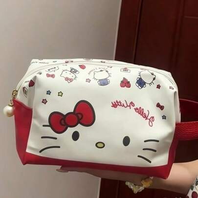 Sanrio Bolsa de cosméticos de Hello Kitty, organizador de artículos de tocador portátil de gran capacidad, bolsa de maquillaje impermeable, esencial de viaje, esencial de vacaciones, bolsa de maquillaje, se puede usar como estuche para lápices de papelería estudiantil, regalo de regreso a clases (se puede limpiar si está ligeramente sucio)