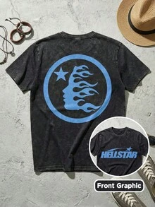 Blue Shooting Star Logo Graphic Tee Unisex Couple Matching Boyfriend Style Hell Star Double Sided Print Electric Color Y2K Aesthetic Acid Washed Cotton Graphic Tees Men Oversized T Shirt Summer Outfits Camisetas Para Hombre - màu đen - Xem 2