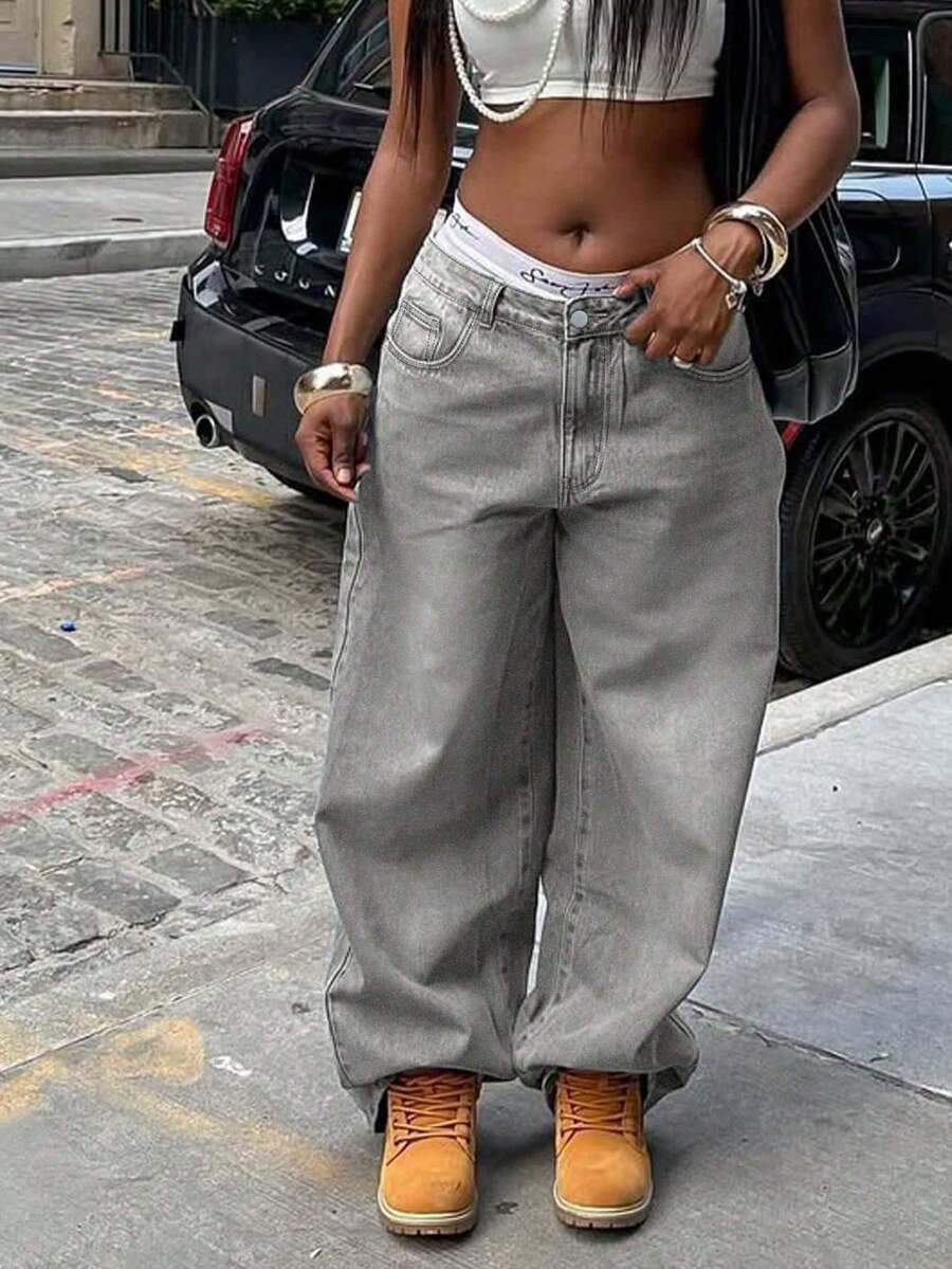 Oversized Wide-Leg Jeans For Spring & Autumn, Features High-Waisted Design & Elastic Waistband, All-Day Comfortable To Wear, Effortlessly Matches Various Tops, Ideal For Daily Outings, Casual Gatherings & Campus Life - Xám - Xem 1