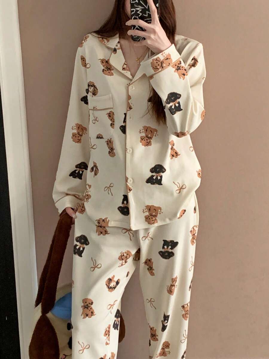 Pure Slumber 2pcs Dog Print Button-Up Pajama Set For Women, Long Sleeve & Long Pants - Apricot - View 1