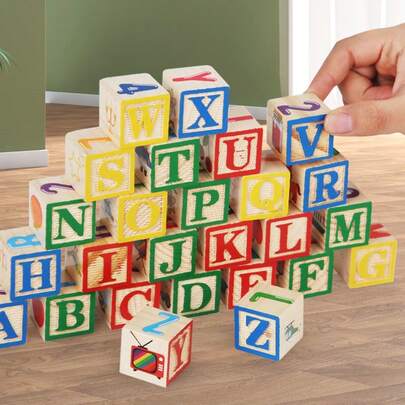 27pcs Colorful ABC Wooden Printing Large Building Blocks, Letter & Number Recognition Cube Blocks Creative Stacking Word Building Toy Set, Educational Interactive Toy For Boys And Girls