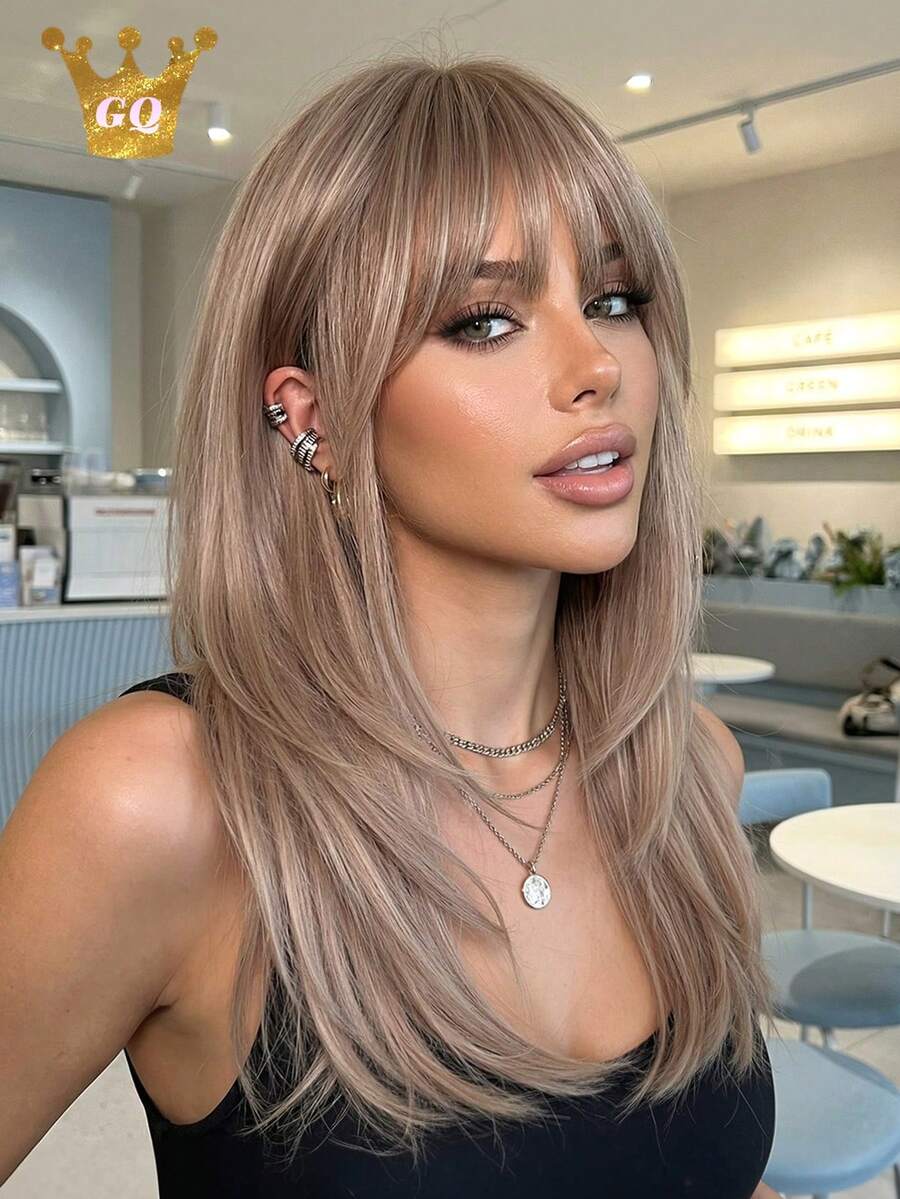 18英寸金色假发，女士自然逼真合成假发，带刘海，中长直发，适合日常佩戴和派对场合 - 彩色 - 查看 1