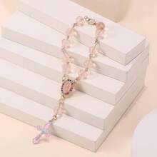 1pc Pink Crystal Rhinestone Cross Rosary Bracelet, Rearview Mirror Hanging Decor For Car, Women - A - View 7