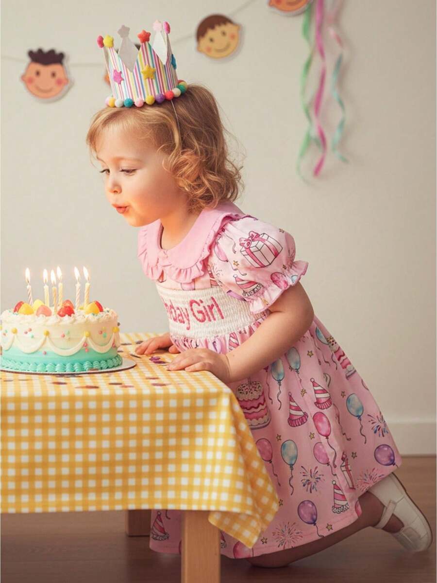 Little Girls Birthday Day Dress Summer Short Sleeve Doll Collar Letter Cake Balloons Print Dress - 粉色 - 查看 1
