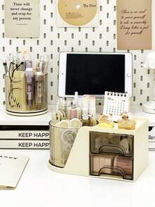 1个带2个抽屉的旋转收纳盒，适用于浴室、梳妆台、书桌，可存放化妆品、文具等，4个隔层方便整理，是返校、圣诞节、生日礼物的理想之选，白色