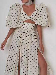 Polka Dot Puff Sleeve Cut-Out Top & High-Slit Maxi Skirt Two-Piece Set - 白色 - 查看 4