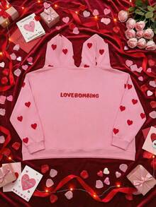 Valentine's Day,Oversized Long-Length,Besties&Couples Must-Have,Women's Double-Hood One-Piece Long-Sleeve Hoodie,One-Size,Heart&Letter&Slogan Print,For Spring/Summer,For Holiday/School/Home/Daily/Street/Photoshoot,Simple/Y2K/Casual/Preppy/Street/Office/Cute/Hot Girl,Valentine's Day/New Year/Easter,Spring Clothes For Women,Spring Outfit Women,New Year Outfits,Chic Print Hoodie,Hoodies For Women,Vacation Outfits Women,Valentine's Day Outfits - Pink - View 2