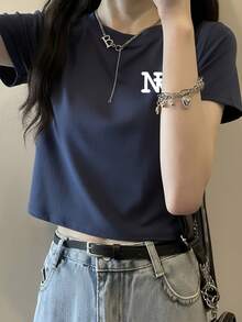 White Cropped Top, Sexy Style, New Summer Collection, Cropped, Short Sleeve T-Shirt, Printed Midriff-Baring Tee, Versatile Casual Women - Navy Blue - View 3