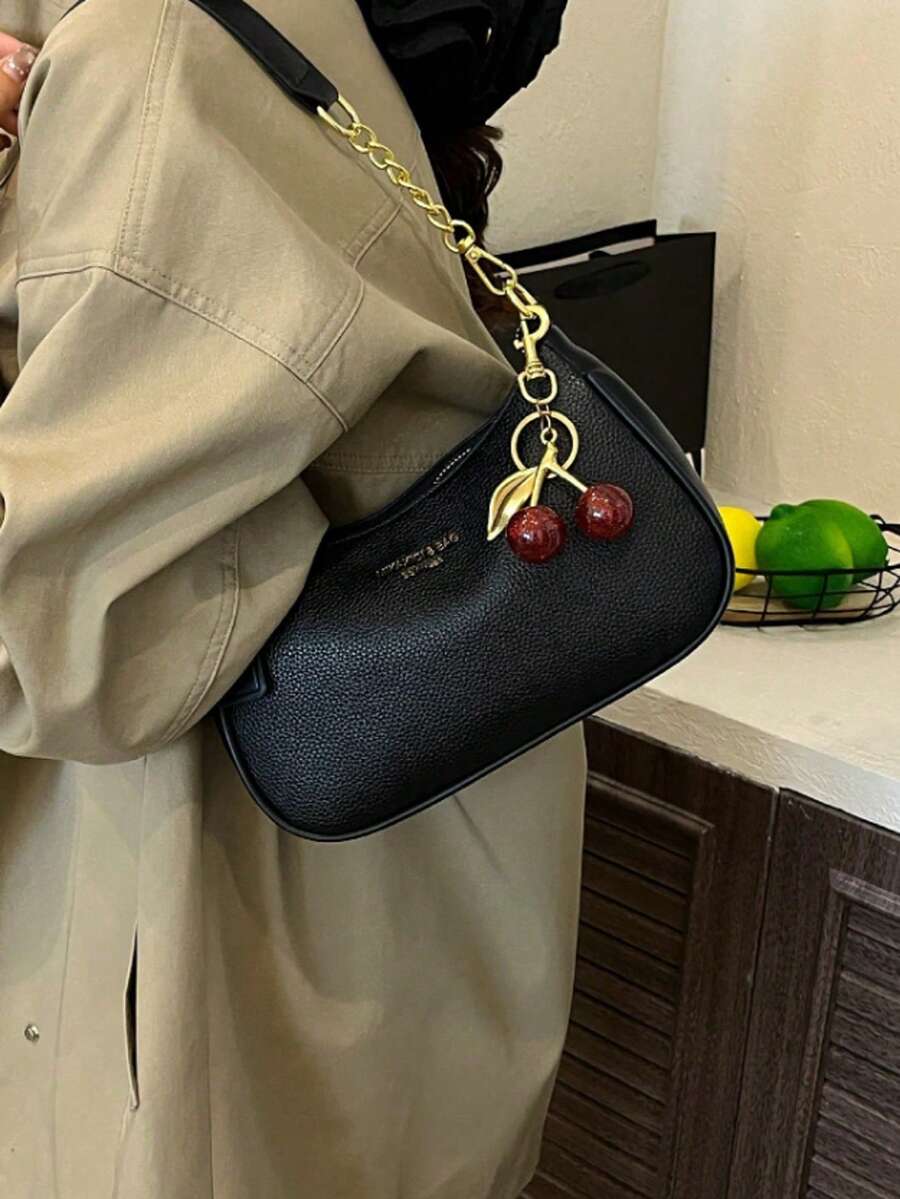 1pc Women's Solid Color PU Shoulder Bag, Versatile Underarm Bag For Work Commute, Adjustable Strap Crossbody Bag, Comes With Large Cherry Pendant, New Fashion Classic Versatile PU Waterproof Fabric M Letter Pattern Shoulder Bag, Printed Design Metal Chain Decoration Design French Baguette Bag, Women's Shoulder Bag Suitable For Shopping. Commuting, Travel Use - 黑色 - 查看 1