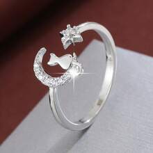1pc Cartoon Cat Star & Moon Design Cubic Zirconia Inlaid Adjustable Open Ring, Fashion Jewelry Gift - Multicolor - View 13