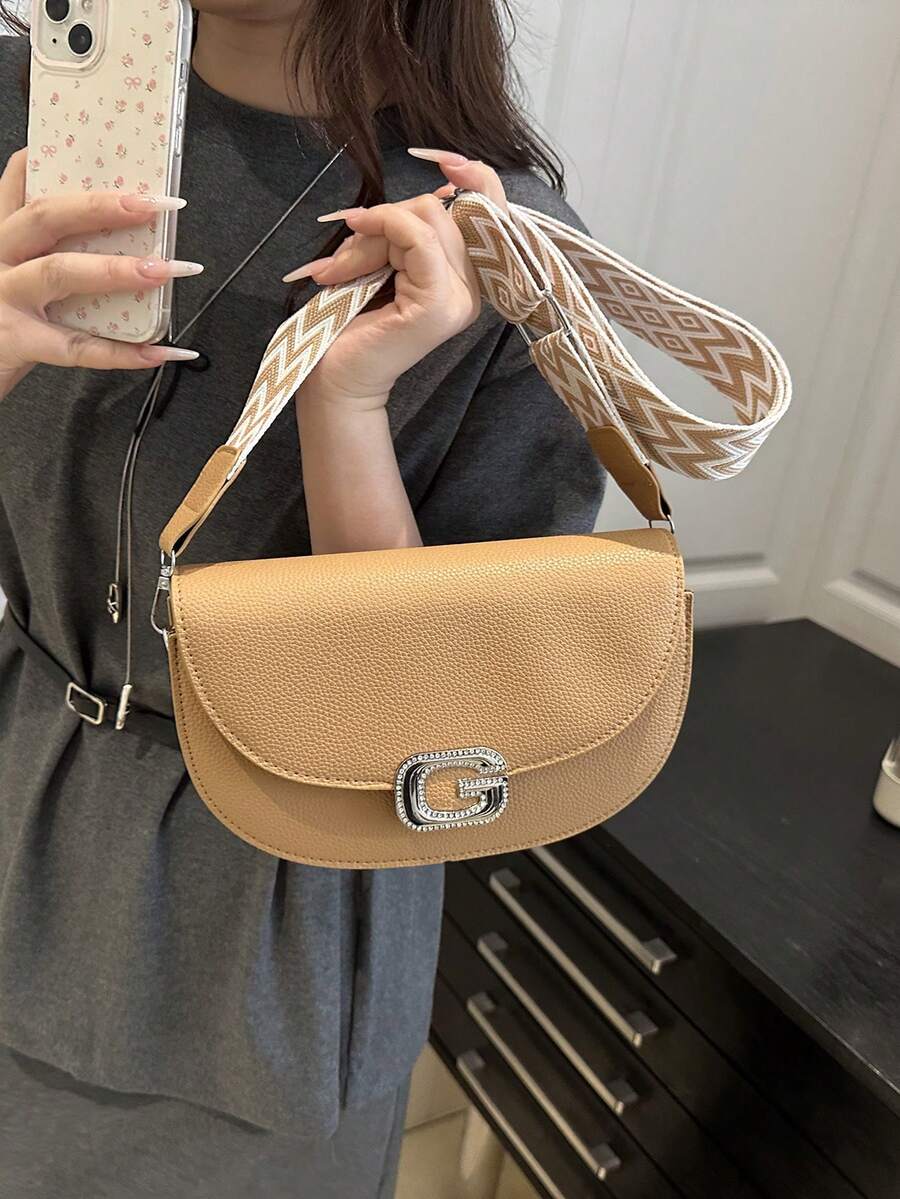 Litchi Grain Flap Half-Circle Crossbody Bag, Suitable For Shopping, Wallet, Shopping, Young Women, College Students, Newbies, White-Collar. Suitable For Office, University, Work, Business, Commuting, Outdoor Activities, Travel And Outings - Khaki - View 1