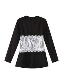 Women's Lace Patchwork V-Neck Long Sleeve Blazer Jacket, Suitable For Evening Date, Birthday Party, Formal Dinner, Autumn/Spring Black - Black - View 8