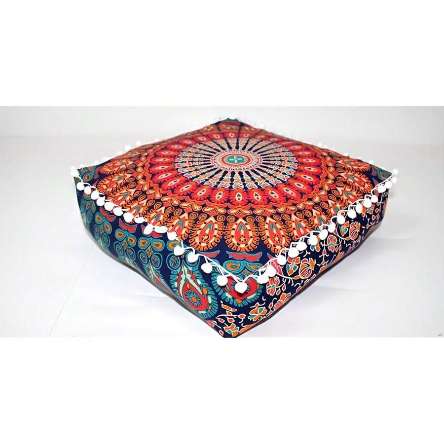 CRAFT CASTLE ICC Mandala Barmeri Large Floor Pillow Cover Cushion Meditation Seating Ottoman Throw Cover Hippie Decorative Zipped Bohemian Pouf Ottoman Cases Orange Peacock 24\ Square - 橘色 - 查看 1