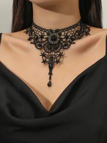 Women's Black Choker Necklace Set, Including Velvet Choker, Lace Choker, Daisy Choker, Gothic Choker, Punk Lace Choker, And Classic Choker - Black - View 10