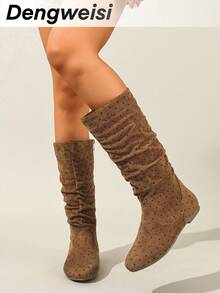 DENGWEISI Camel Pleated Polka Dot Print Random Asymmetric Side Zipper Flat Round Toe Comfortable Versatile Office Commute Daily Casual Mid-Calf Boots, Suitable For All Seasons - Camel - View 6