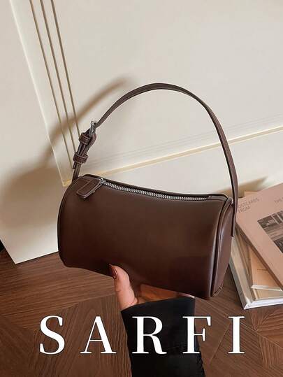 Minimalist Style Autumn/Winter Coffee-Colored Women's Handbag; Fashionable And Unique Cylindrical Baguette Shoulder Bag, High-End Minimalist Modern Urban Commuter Style Adjustable Shoulder Strap Crossbody Bag