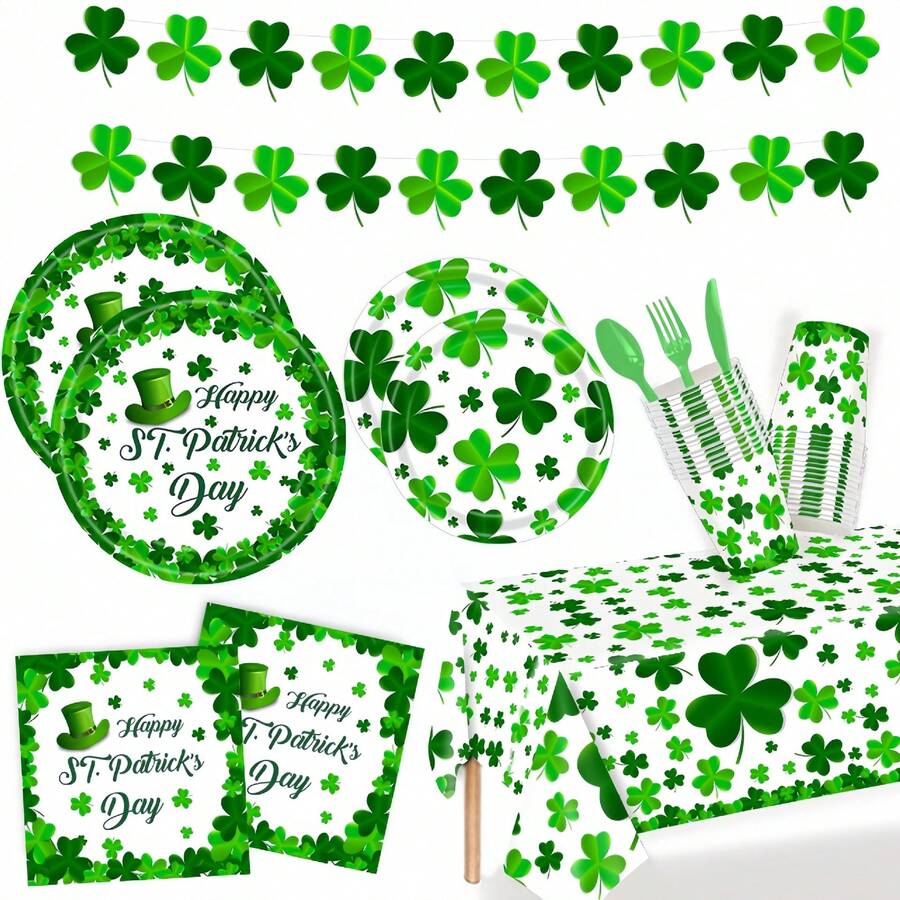 St. Patrick's Day Themed Party Supplies Set, Including Green Clover Printed Paper Plates, Napkins, Tablecloth - Multicolor - View 1
