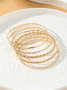Luxury Set Of 6 Thick Gold Bracelets - Large Size Bold Style Bangle Bracelet For Women | Gift - Vàng - Xem 3