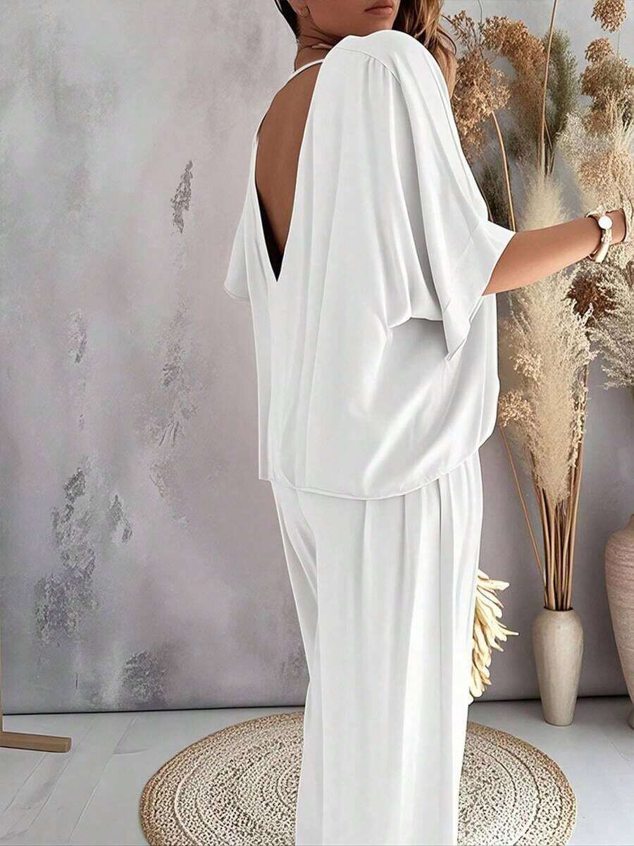 New Women's Fashionable Batwing Sleeve Set Is Suitable Work, Date, Commuting, Party, And Daily Casual Wear.It Offers Comfortable Clothing.Valentine's Day Appropriate Gifts Outfit Travel, ‌   Chill Outfit ‌ - 白色 - 查看 1