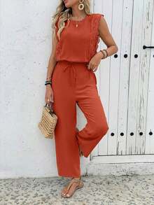 Women's Fashionable Round-Neck Short-Sleeved-Shirt With Side Pocket And Sporty Pants, Spring/Summer Style - 紅色 - 查看 8