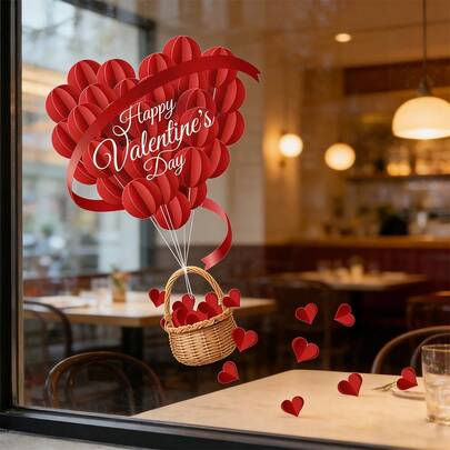 1 pezzo Adesivo riutilizzabile per finestre di San Valentino - Decorazione con palloncino a forma di cuore e cestino, adatto per decorare le finestre per la festa di San Valentino