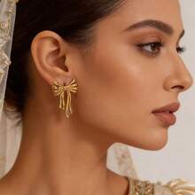 2pcs Fashionable Elegant High-End Stainless Steel Earrings With Ribbon Bow Extension, Suitable For Women's Daily Casual Wear, Bride Wedding Party, Eid Festival, Fashion Jewelry Earrings - Gold - View 3