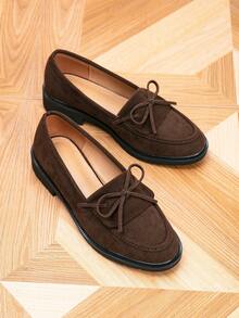 女士乐福鞋，圆头蝴蝶结装饰平底鞋，户外复古女鞋，休闲学院风鞋 - 銅色 - 查看 6