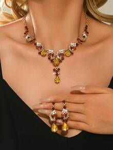 3件套镂空水滴设计新娘女士水晶项链套装，性感珠宝，适合高端晚礼服、派对和商务场合。 - 8023多色 - 查看 17