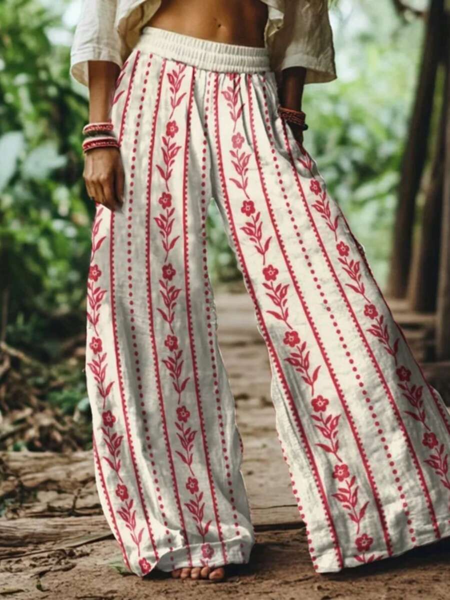 Boho Botanical Floral Wide-Leg Pants: High Waist With Elastic Waistband & Vertical Stripe Detail In 100% Polyester For Garden Parties, Summer Vacations And Relaxed Style For Women. - 混合色 - 查看 1
