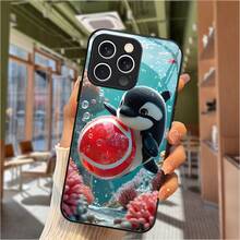 Funda de teléfono de vidrio templado con diseño de pequeño delfín sosteniendo una pelota, coral, pez pequeño, dibujo animado, rojo y azul, linda y animada para iPhone 16 15 14 13 12 11 Plus Pro Max 5G - Colores mixtos - Ver 3