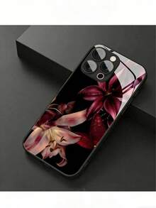 1个优雅百合花图案玻璃材质手机壳，高端大气，适用于，钢化玻璃材质 - 黑色 - 查看 1