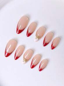 10pcs Handmade French Short Nail Stickers. This Manicure Set Includes 5 Colors: White, Pink, Gold, Blue, And Yellow, With A Charming And Design. Each Nail Sticker Is Decorated With Hand-Painted Vine Patterns That Wind Along Metallic French, And Are Embellished With Gold And Bow Accents. - Đỏ - Xem 6