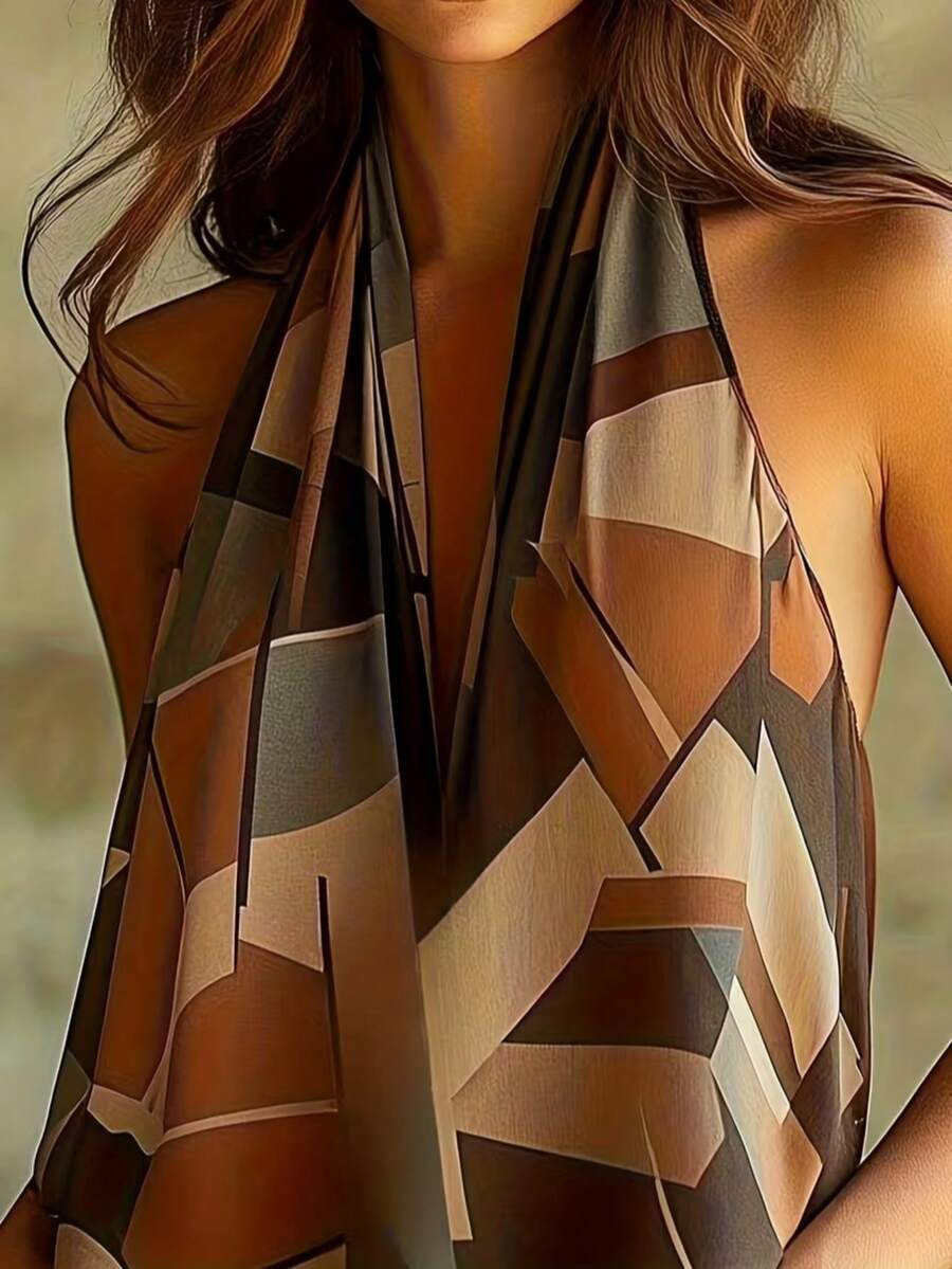 Women's Bohemian Vintage Elegant Halter Backless Blouse, Random Geometric Print Beach Tank Top Vacation - Multicolor - View 1